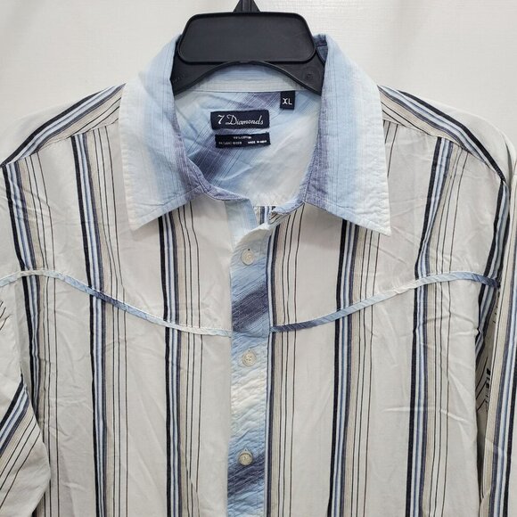7 Diamonds Men's White Blue Stripe Mixed Print Western Yoke Button Up Shirt XL - Picture 3 of 6
